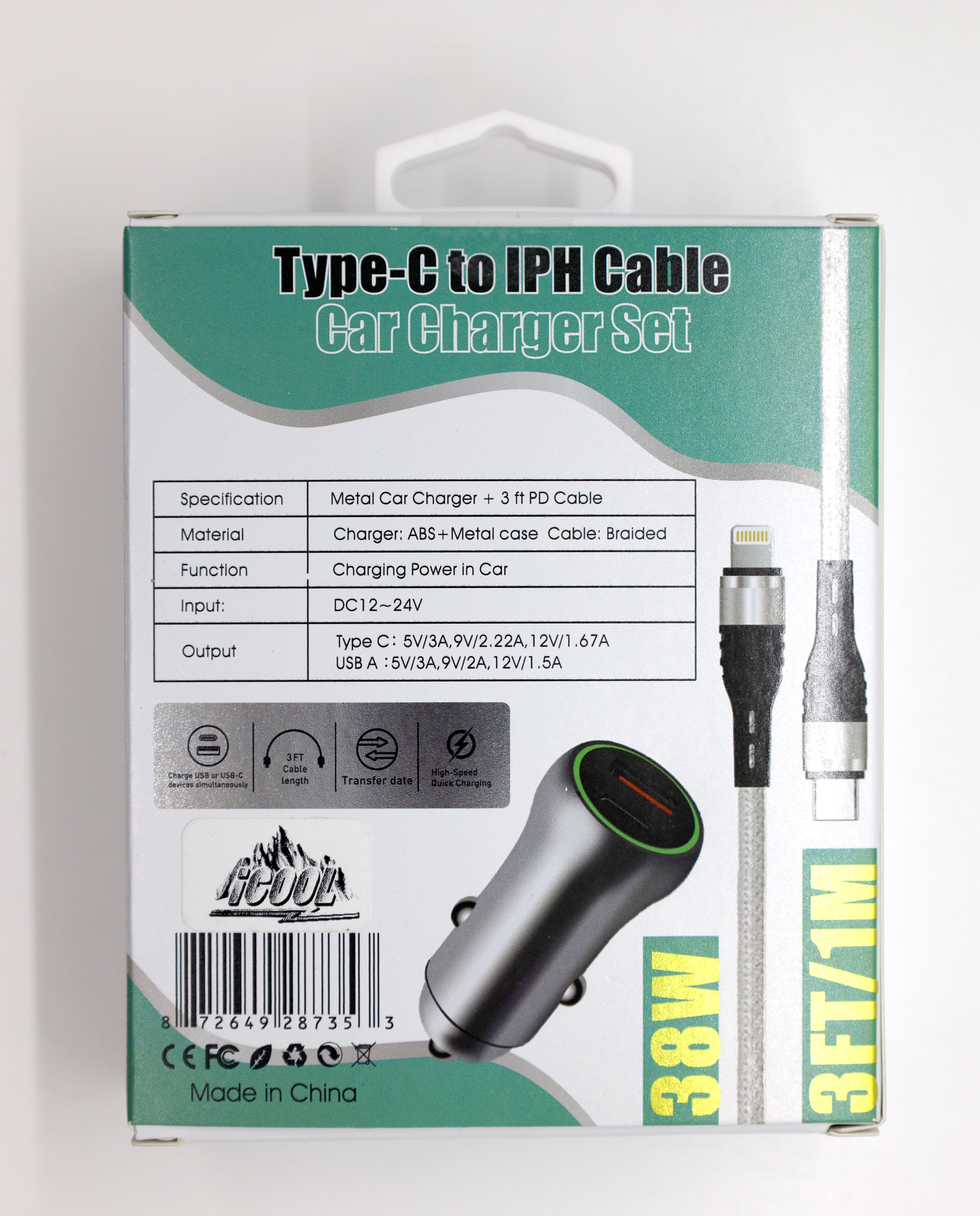 PD Car Charger Set: Type-C to Lightning Cable