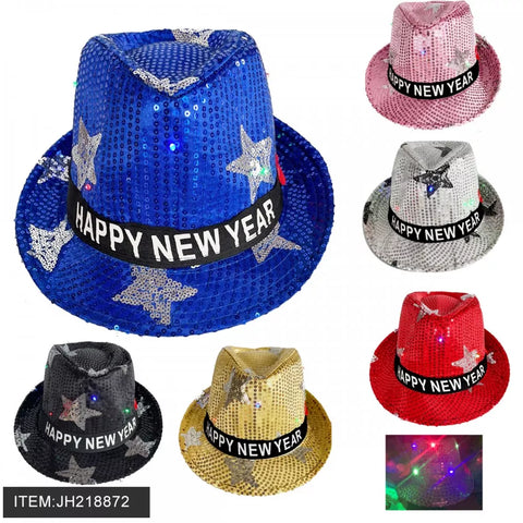 Lighted Hat: Happy New Year Star Design Fedora (12CT) - 218872